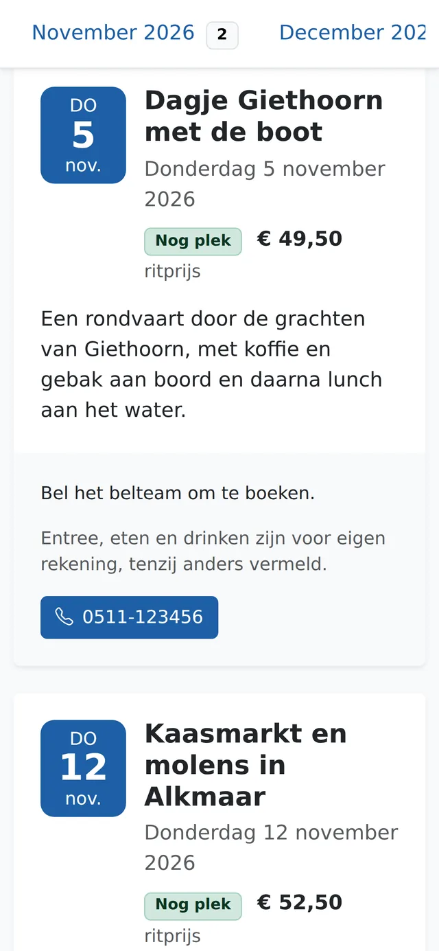 Het programma op een telefoon: per uitje de datum, de prijs, Nog plek en een knop om het belteam te bellen.